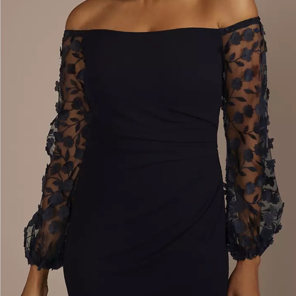 David's Bridal Navy Off-Shoulder Dress with Sheer Floral Sleeves